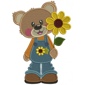 Cute Bear Holding Big Sunflower Thanksgiving Filled Machine Embroidery Design Digitized Pattern